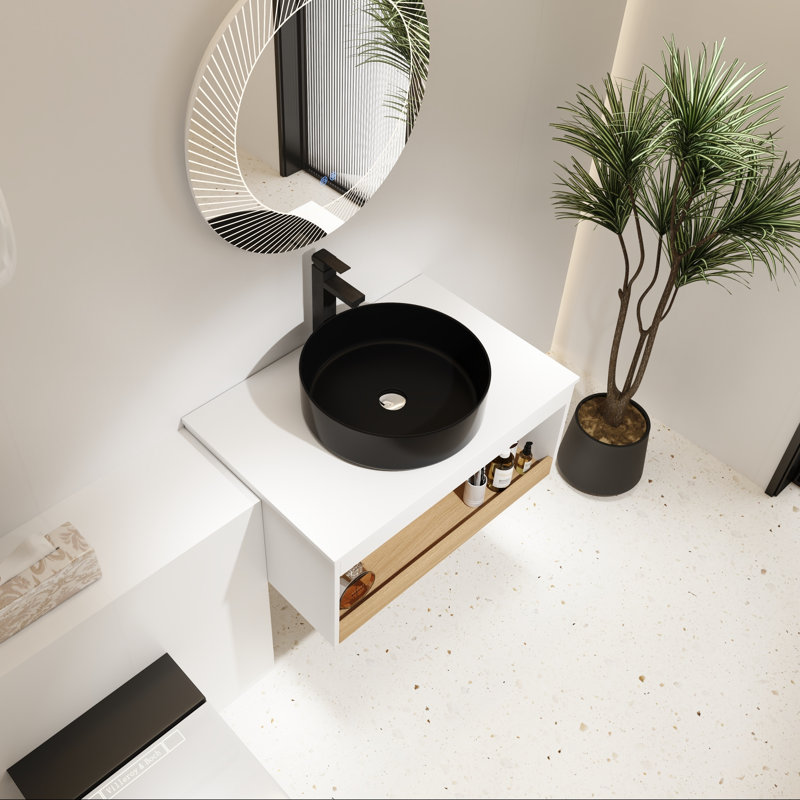 Meuble-lavabo flottant avec lavabo vasque rond noir et tablette ouverte, 30"