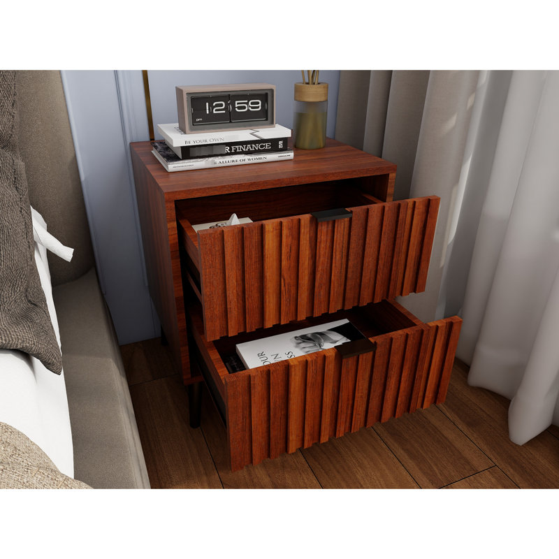Modern 2 - Drawer Bedside Cabinet In Coffee Color, Engineered Wood, Bedroom Storage Option Ample Nightstand Brown, Open Design,