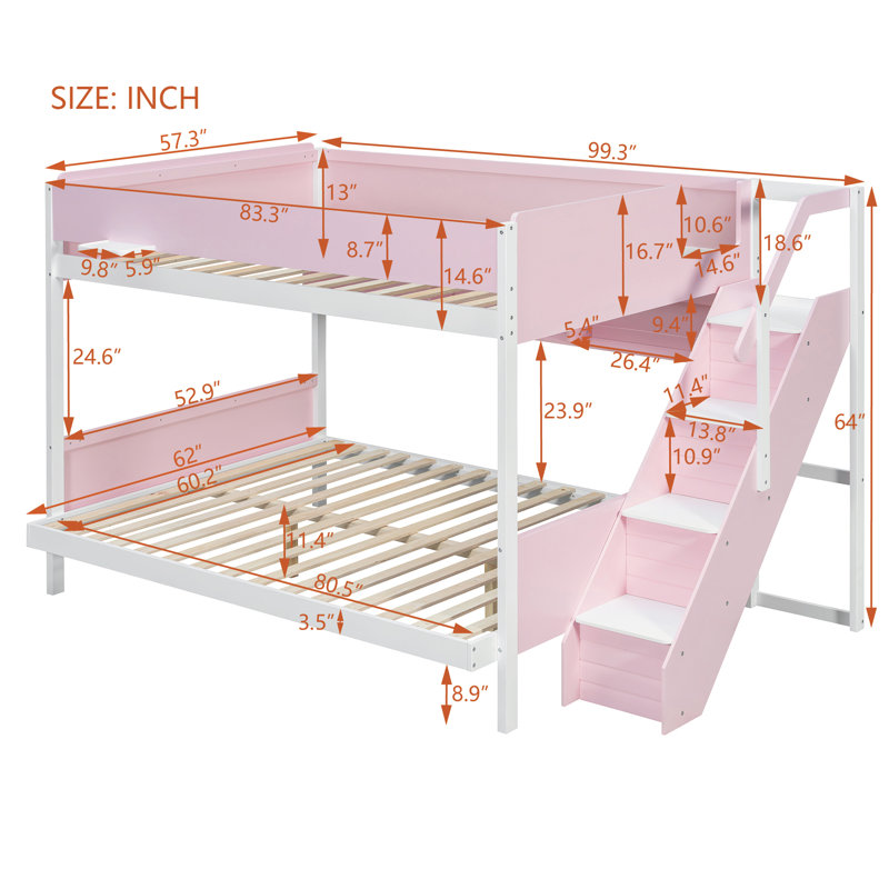 Kids Bunk Bed, Full XL Over Queen, Pink