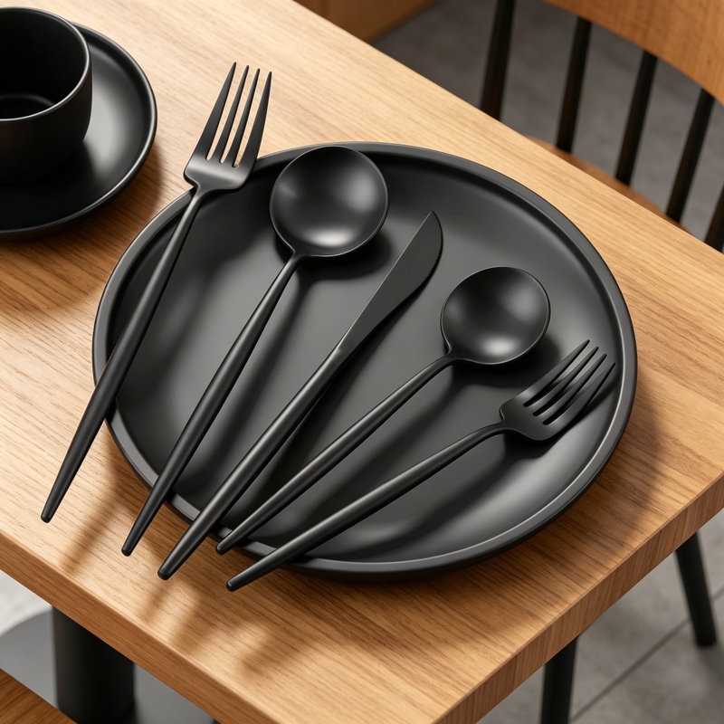 Ensemble de couverts 20 pièces en acier inoxydable noir mat, service de couverts à finition satinée pour 4, ustensiles de cuisine allant au lave-vaisselle