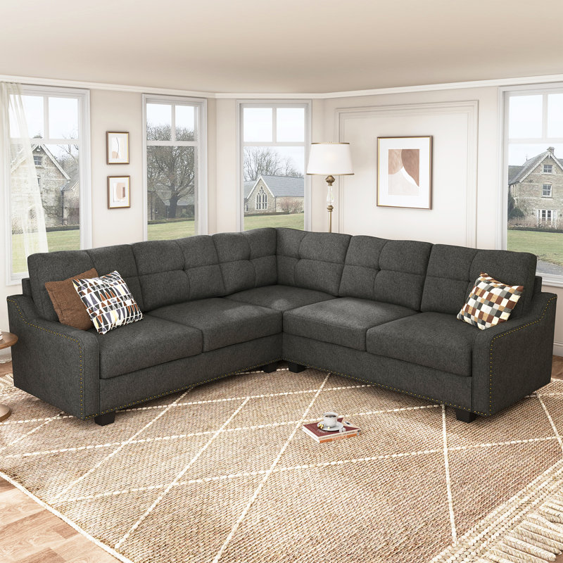 Dark Grey Tufted Fabric Sectional Sofa with Storage Ottoman