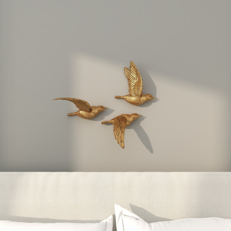 Polystone Metallic 3D Floating Bird Home Wall Decor Set of 3, 10" H X 10" W X 3" D, Gold