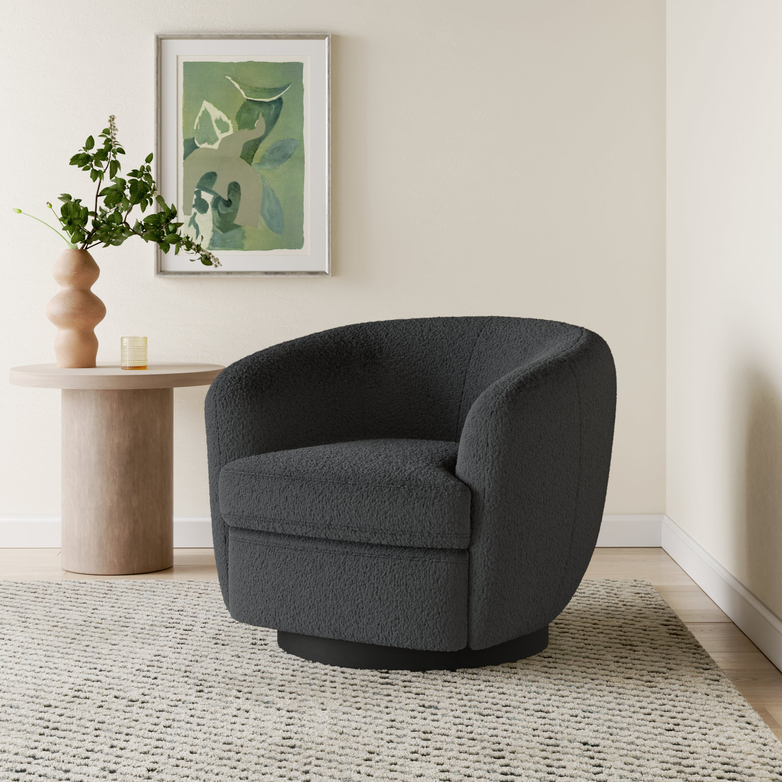 Marcy Swivel Barrel Chair, Aries Grey Boucle