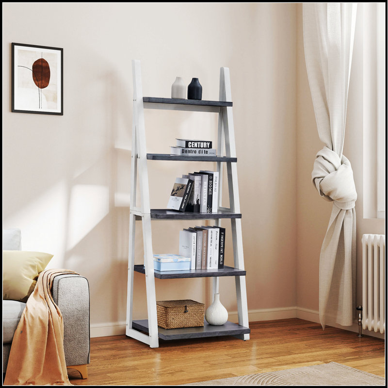 Bibliothèque à 5 niveaux, bibliothèque avec cadre en bois d'hévéa pour un rangement moderne et peu encombrant dans les salons, les bureaux, les cuisines, les chambres et les appartements