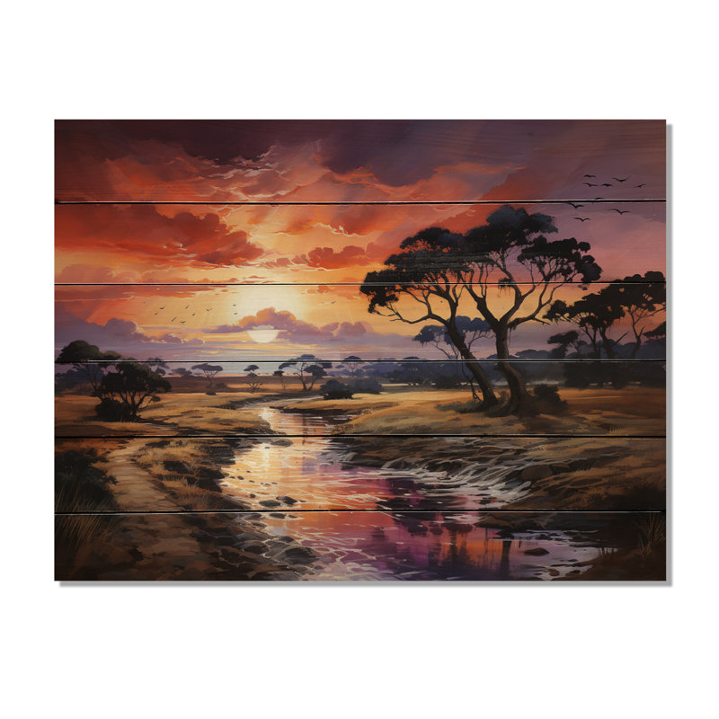Serengeti africain, coucher de soleil sur bois, H 30 po x l 40 po x P 0,78 po