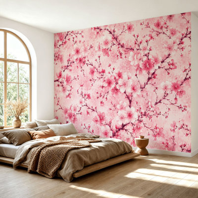 Papier peint adhésif peler et coller branches de fleurs de cerisier roses, papier autocollant doux amovible, décoration murale pour le salon Chambre à coucher H 69 po x l 96 po
