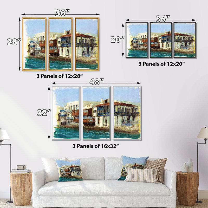 Vieilles maisons sur l'île de Mykonos, Grèce - peinture sur toile flottante 3 pièces, L 48 po x H 32 po, Cadre blanc