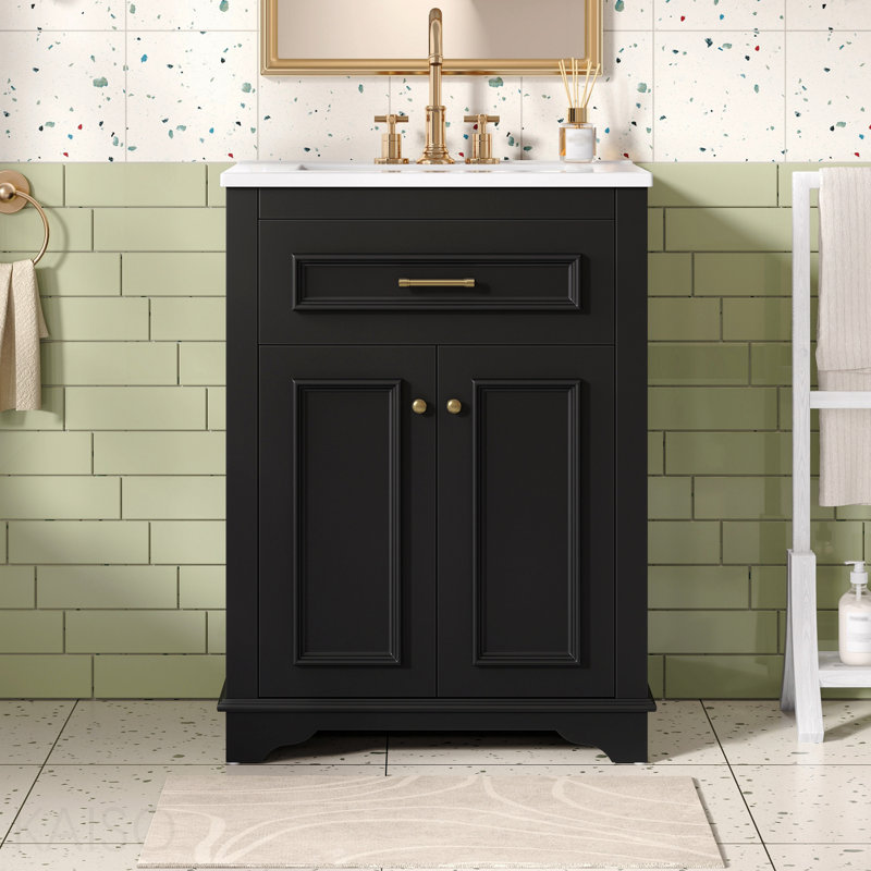 Meuble-lavabo 24 po avec lavabo en céramique intégré, armoire de salle de bain avec 2 portes, 1 tiroir basculant et meuble-lavabo simple pour salle de bain de petite et moyenne taille
