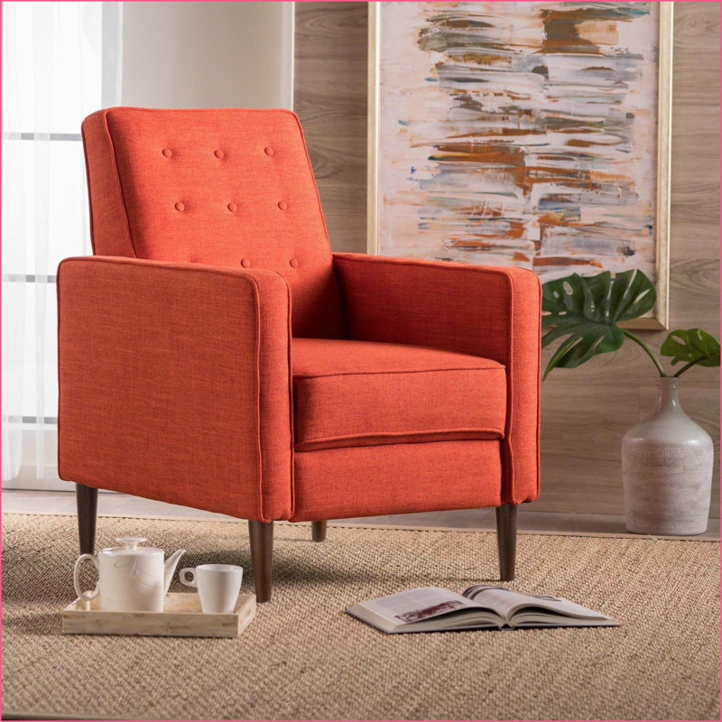 Fauteuil inclinable de style Mid-Century inclinable, siège épais en polyester touffeté, pieds en bouleau espresso | Jaune moutarde | Taille compacte