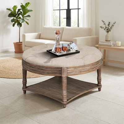 FFZ 31.49" Farmhouse Button Tufted Ottoman Coffee Table with Two Tier Wooden Shelf Storage and Grey Khaki Upholstery