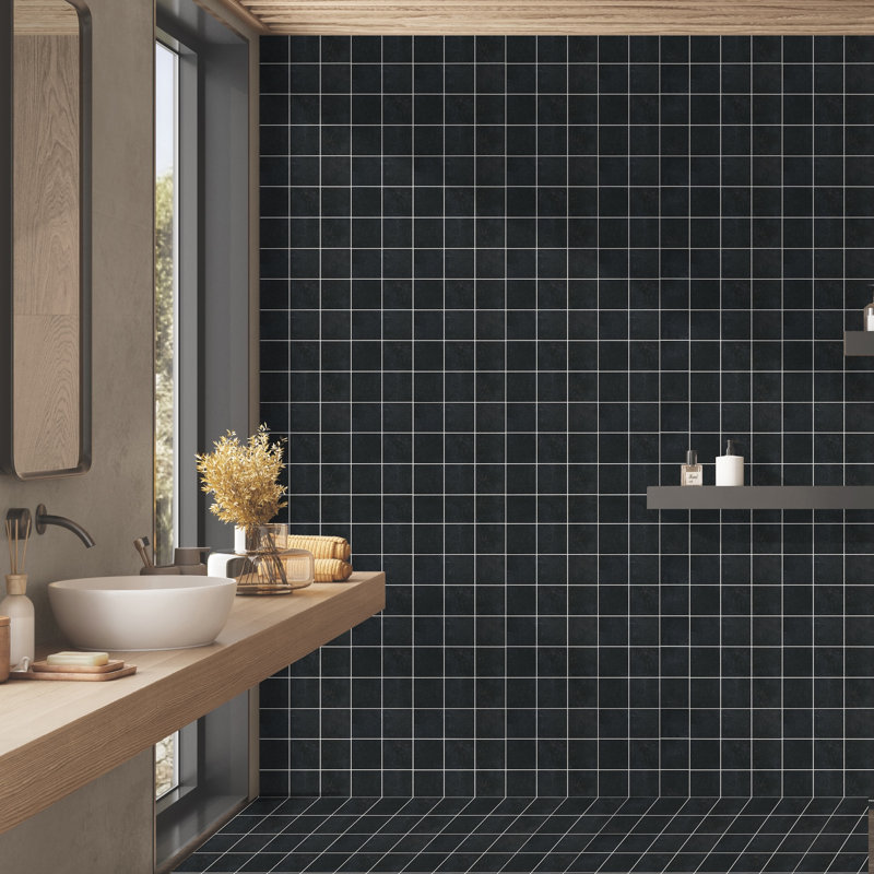 Literary License 3'' W x 3'' L Porcelain Concrete Look Tile Grid Mosaic Sheet, Ink