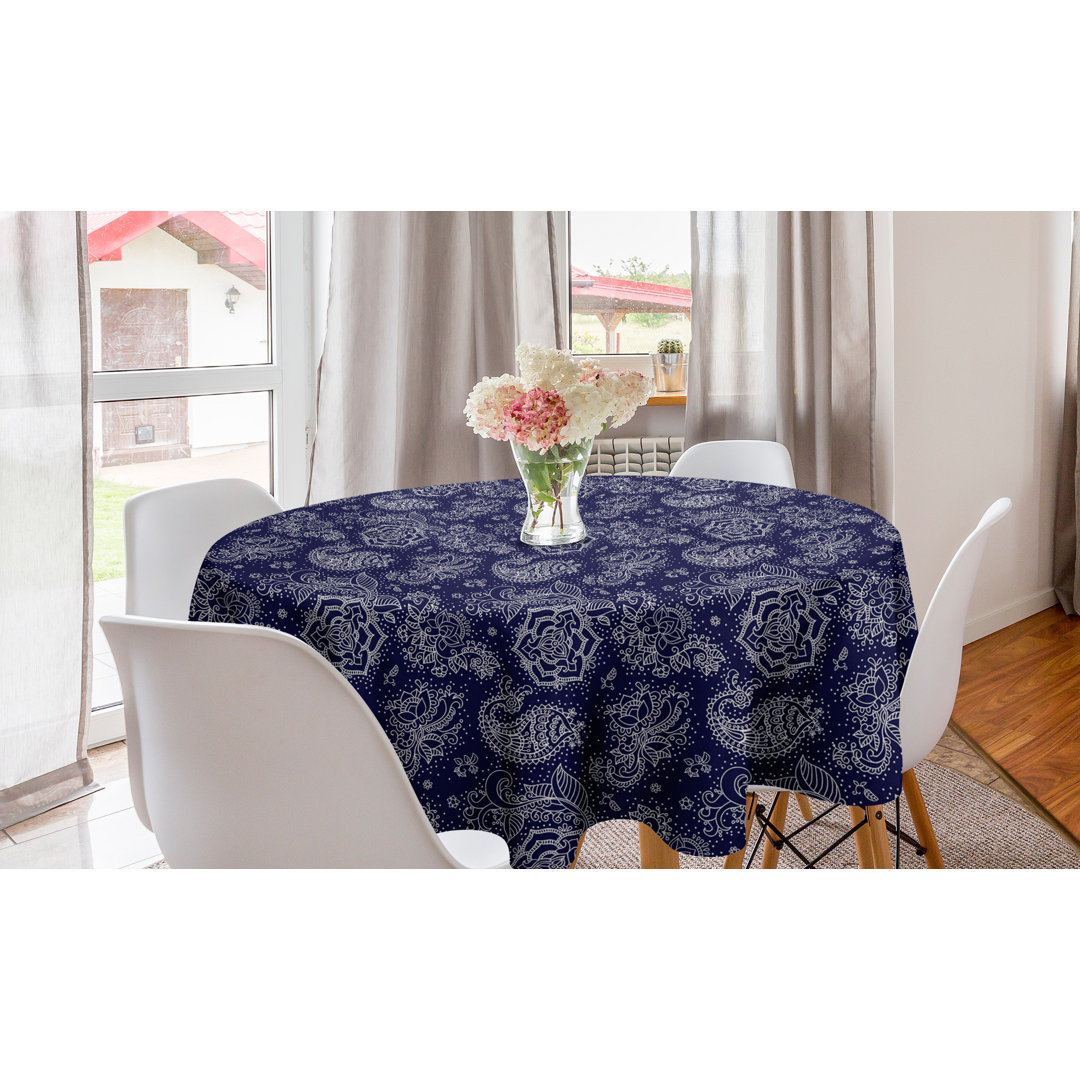 Runde Tischdecke, Blumen Paisley-Fantasie-Kunst, Batik, Indigo Weiß