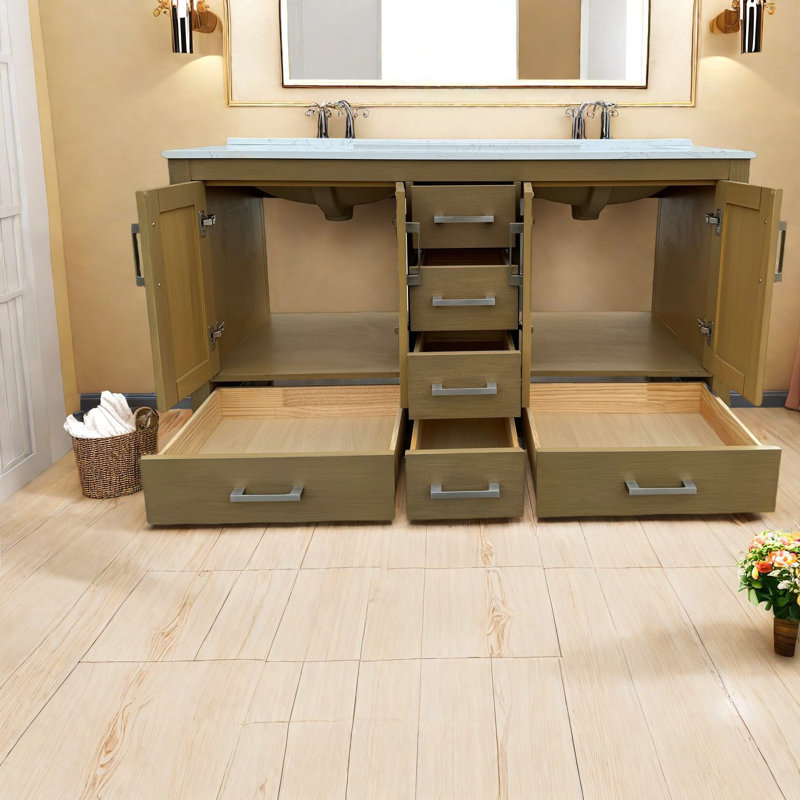 Meuble-lavabo spacieux en chêne avec lavabo et rangement, style moderne