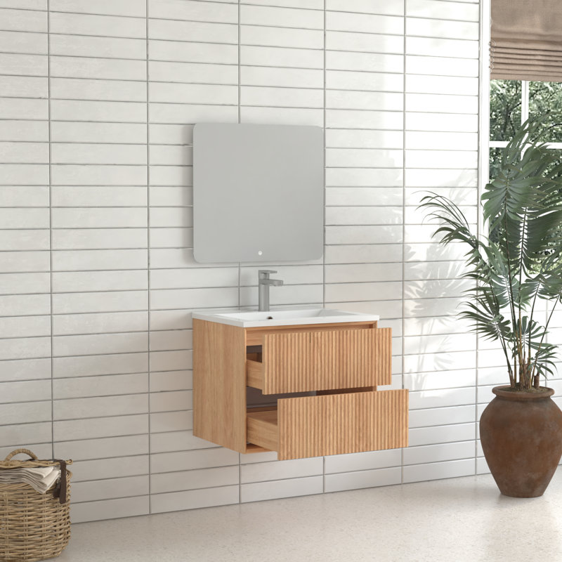 Armoire de salle de bain flottante en bois massif 24 po 24 po, fixée au mur avec 2 tiroirs rainurés, lavabo en résine blanche, style américain, meuble-lavabo de 19,35 po de hauteur, vasque de rangement intégrée, design,