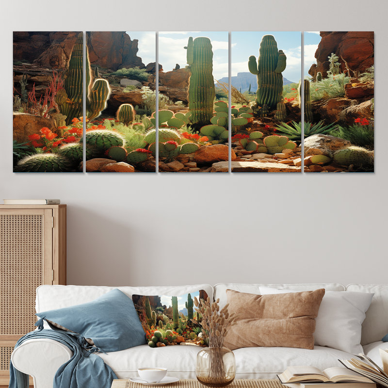 «Green Cactus Bloom In Nevada - Cactus», art mural 5 pièces, H 32 po x l 80 po