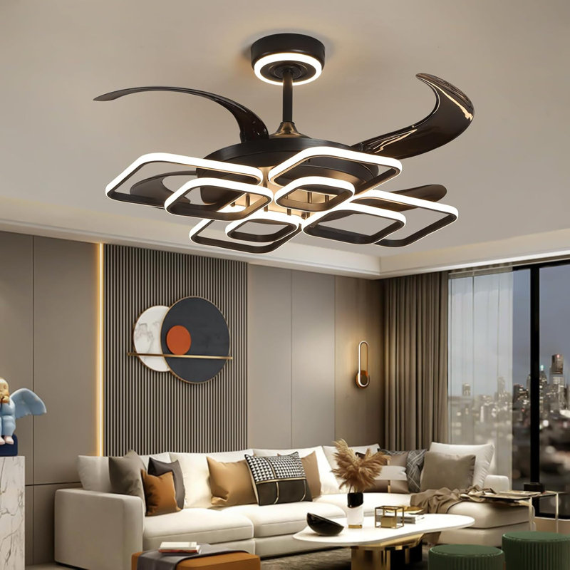48" Ceiling Fans With Lights And Remote Control 3000-6000K Dimmable Morden LED Fans Light, 6 Wind Speeds, Black Chandelier Ceiling Fans For Bedroom Living Room