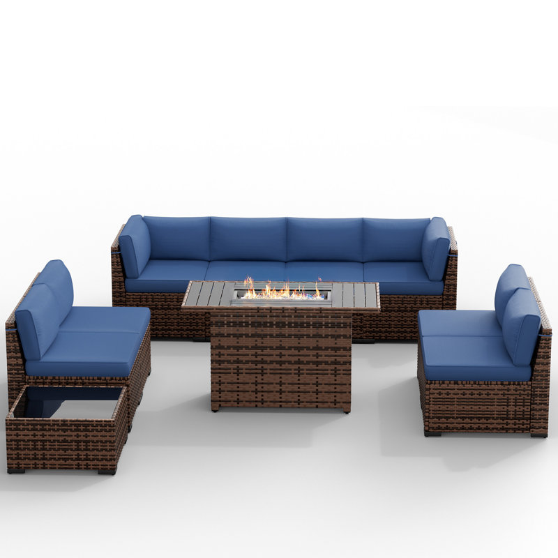 Avamay Rattan Sectional Seating Group with Cushions, Navy Blue Performance Microfiber, Yes