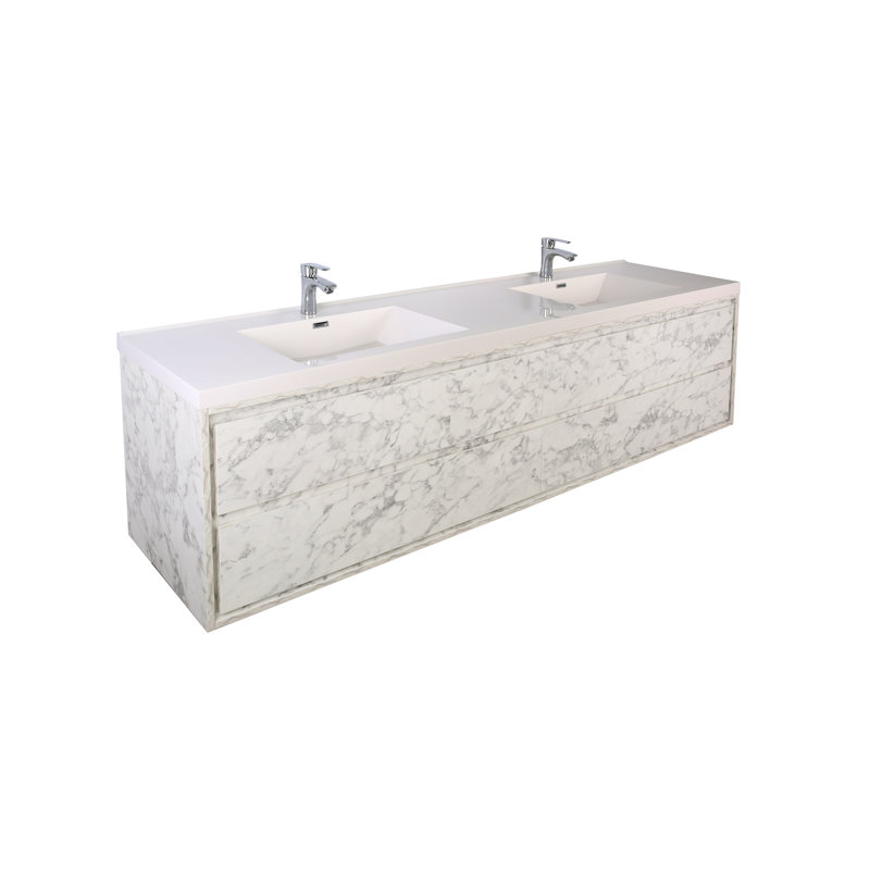 Ensemble de meuble-lavabo double mural 84 po Azden, Marbre blanc