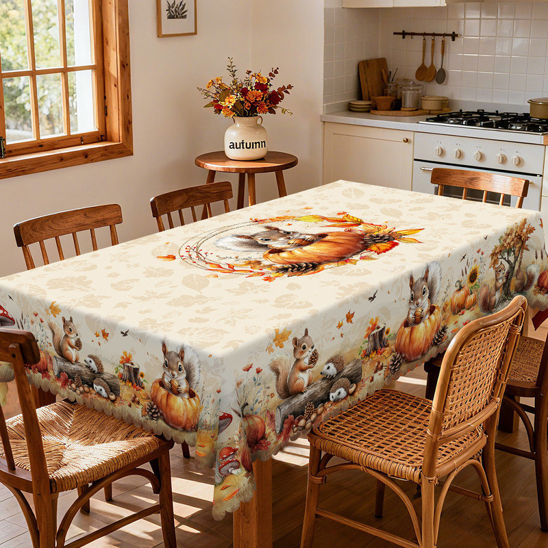Machine-washable polyester tablecloth with autumn squirrel design, 70.8" L x 55.12" W