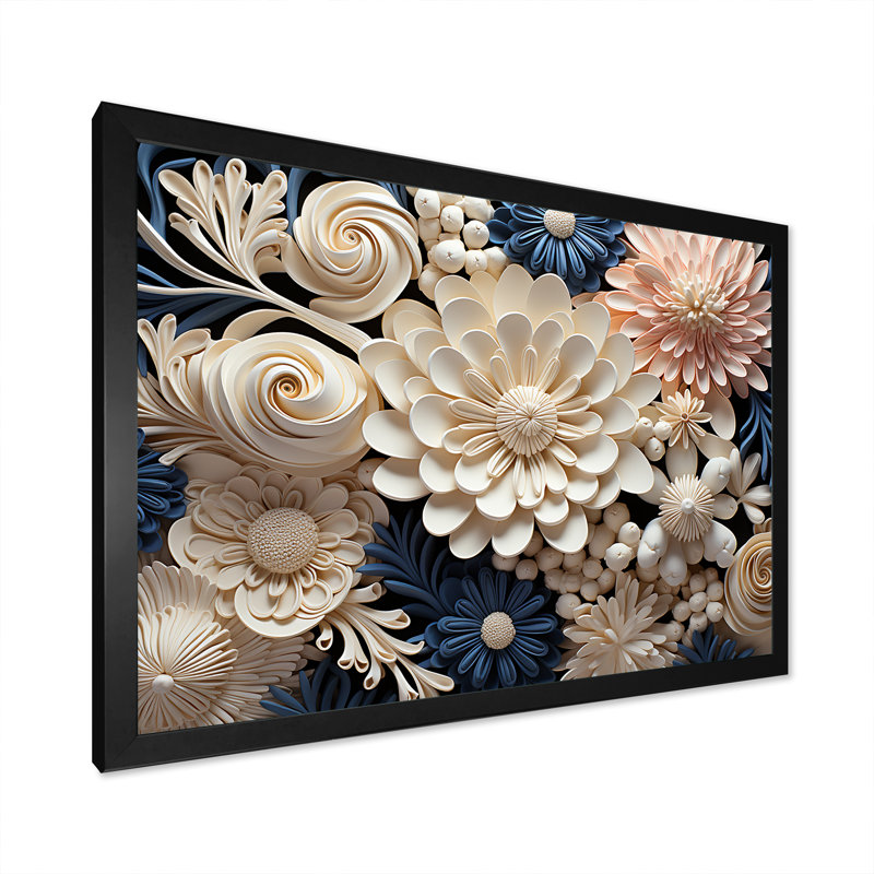 Collage de fleurs de corail blanc et bleu sur toile, Cadre d'angle fermé noir, H 34 po x l 44 po x P 1,5 po