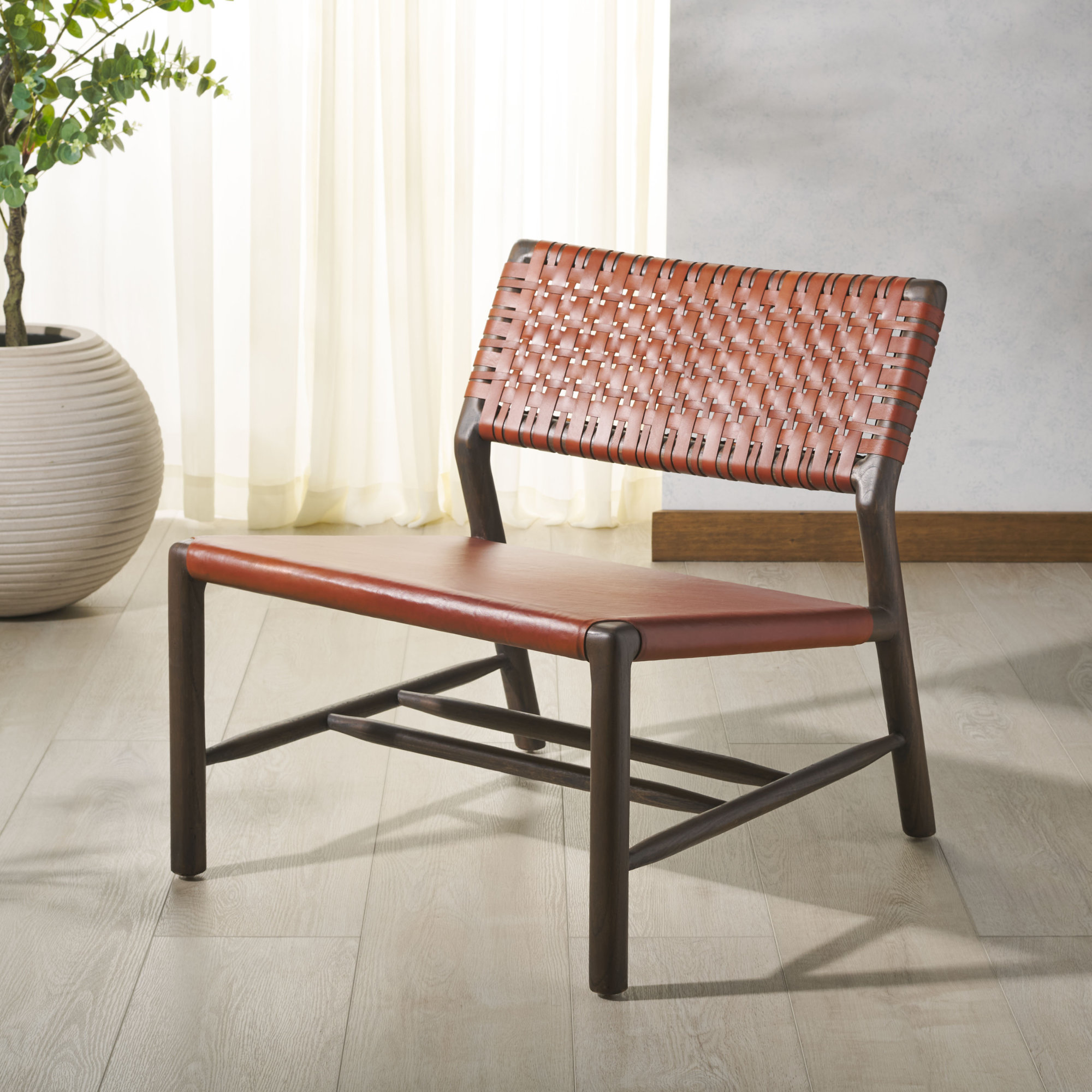 Stowmarket Woven Leather Acccent Chair, Brown Leather, Walnut