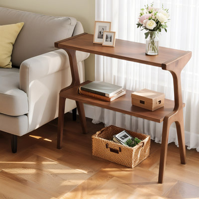 2-Tier End Table, Slim Sofa Side Table with Storage Shelf