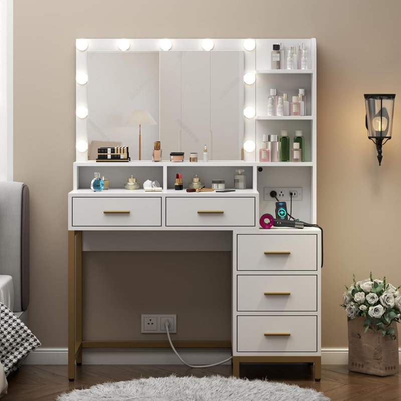 Vanity Desk with Lighted Mirror & Power Outlet, Makeup Table with 5 Drawers, Two Cubby & Shelf, Vanity Dresser with 11 Lights in 3 Lighting Colors for Bathroom, Bedroom,Makeup Room