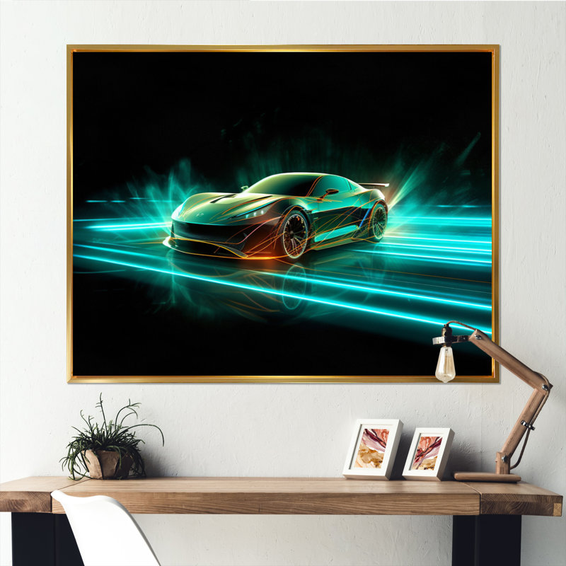 Voiture exotique bleu sarcelle néon III, Cadre flottant doré, H 30 po x l 40 po x P 1,5 po