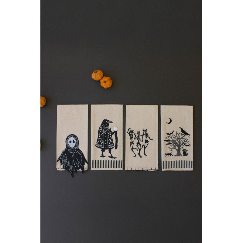 Kalalou Set of Four Black Halloween Decorative Tea Towels