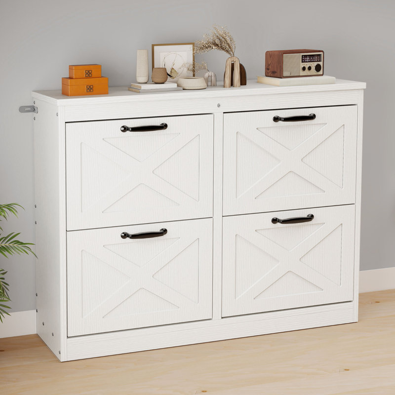 Farmhouse Wood Shoe Cabinet with 4 Flip Drawers and Metal Legs for Entryway, White
