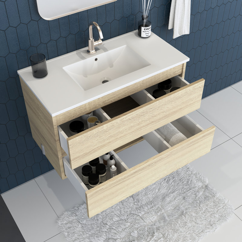 Salt 30'' Single Bathroom Vanity with Ceramic Top, White Oak