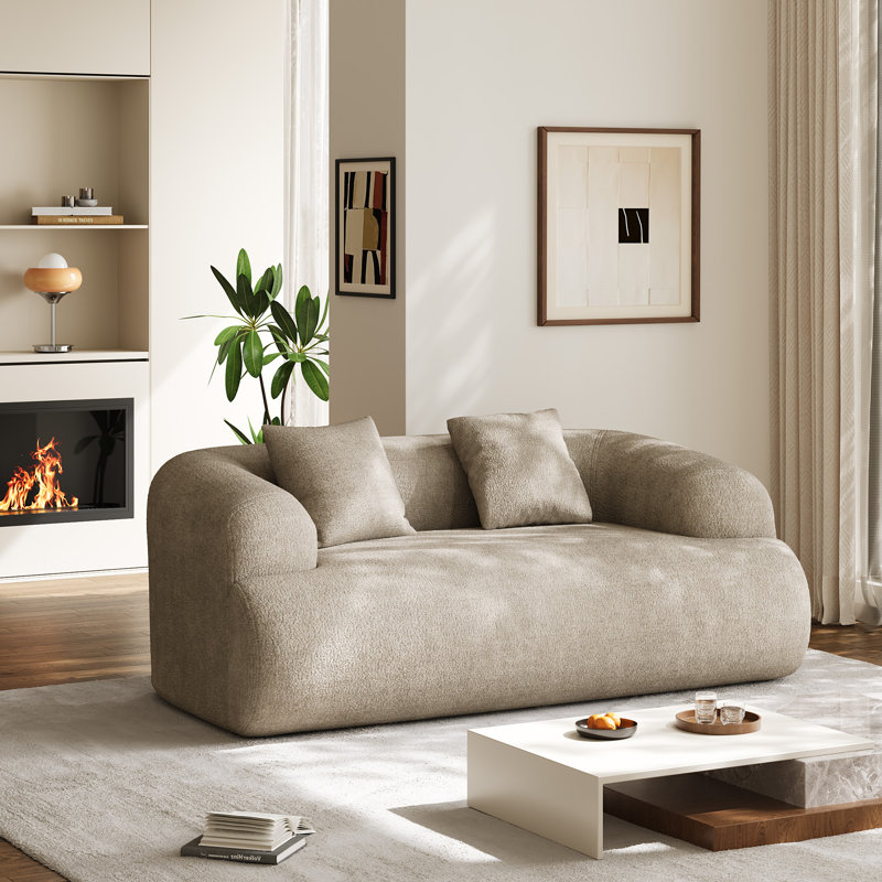 Boneless Modern Curved Sofa Compression Couch, Light Brown, 24.5" H x 75.5" W x 40.8" D