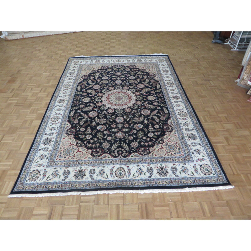 Tapis oriental bleu marine / ivoire / rouge / brun noué à la main avec médaillon en soie, Rectangle 8 pi 3 po x 11 pi 7 po
