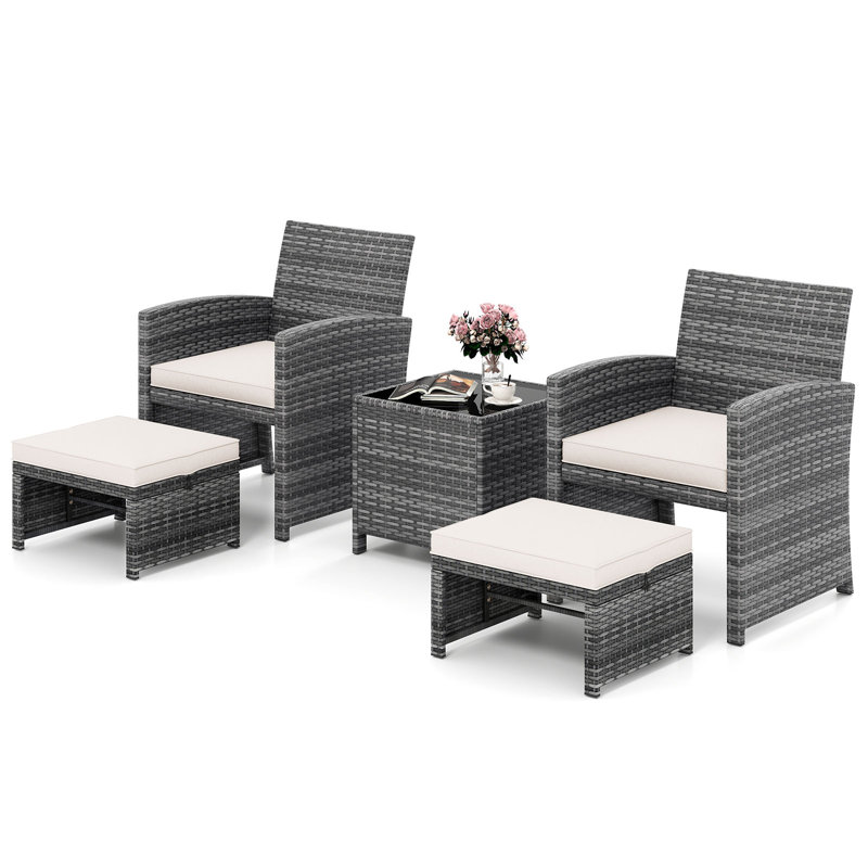 5 Pieces Patio Furniture Set PE Wicker Lounge Chairs w/ 2 Ottomans Outdoor, White