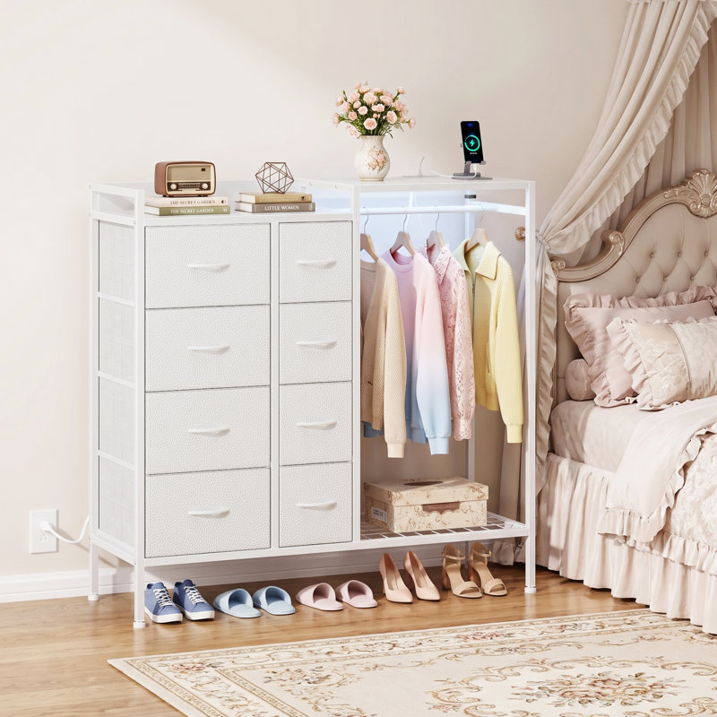 Commode 8 tiroirs en tissu avec support suspendu, station de charge, lumières à DEL RVB et tablette inférieure, blanc