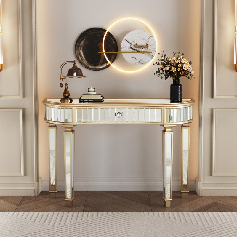 Console à miroir en demi-lune de 47 pouces avec tiroir cannelé en cristal et verre cannelé, Or