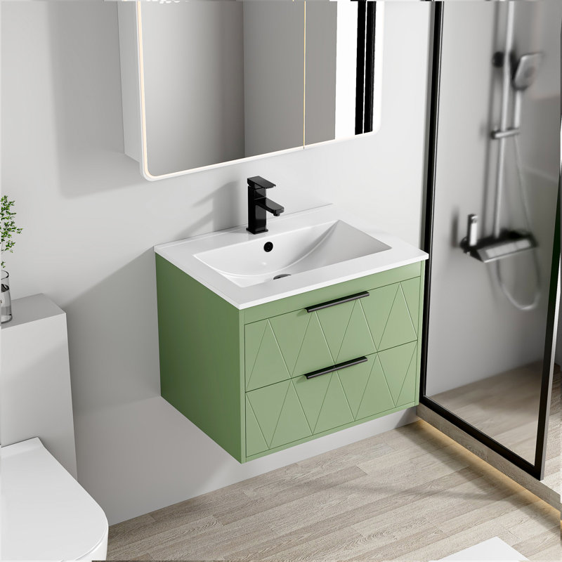 Ensemble de meuble-lavabo mural simple Sharee avec comptoir d'évier, robinet et drain en alliage de zinc, armoire flottante avec tiroirs à fermeture en douceur
