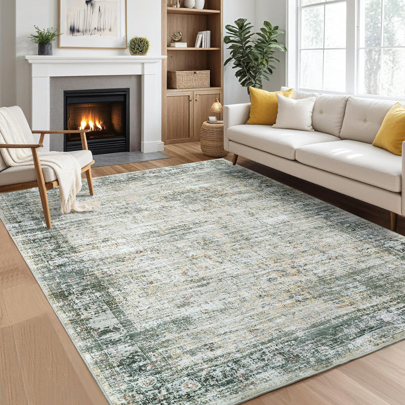Machine Washable Rug with Rubber Backing for Living Room Vintage Non-Slip Dining Room Rug Oriental Printed Faux Wool Rugs for Bedroom Floor Carpet for Office Nursery Playroom
