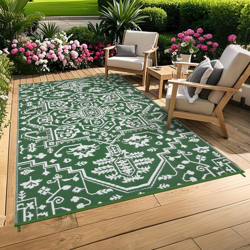 Tapis d'extérieur imperméable à l'eau Medallion Patio Reversible, Vert, Tapis de couloir de 9 pi x 18 pi