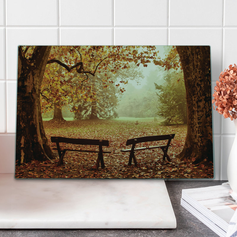 Ambesonne Autumn Cutting Board Large Size Dramatic Trees and Benches Multicolor