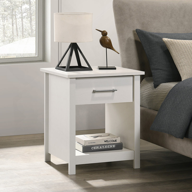 Table de chevet 1 tiroir, table de chevet avec tablette ouverte, Blanc