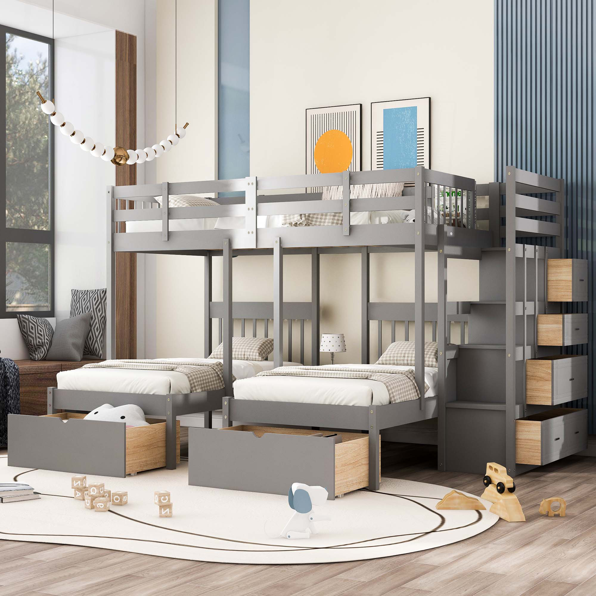 Ebern Designs Full Over Twin & Twin Bunk Bed, Wood Triple Bunk Bed With ...