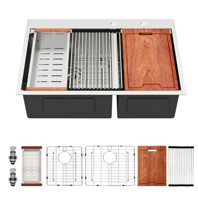 16 Gauge T304 Stainless Steel Double Bowl  60/40  Topmount Drop - In Kitchen Sink 33"X22"X10", Brushed Nickel, X Shaped Water Flow For Smooth Cleaning, R10 Rounded Corner, Coating To Avoid