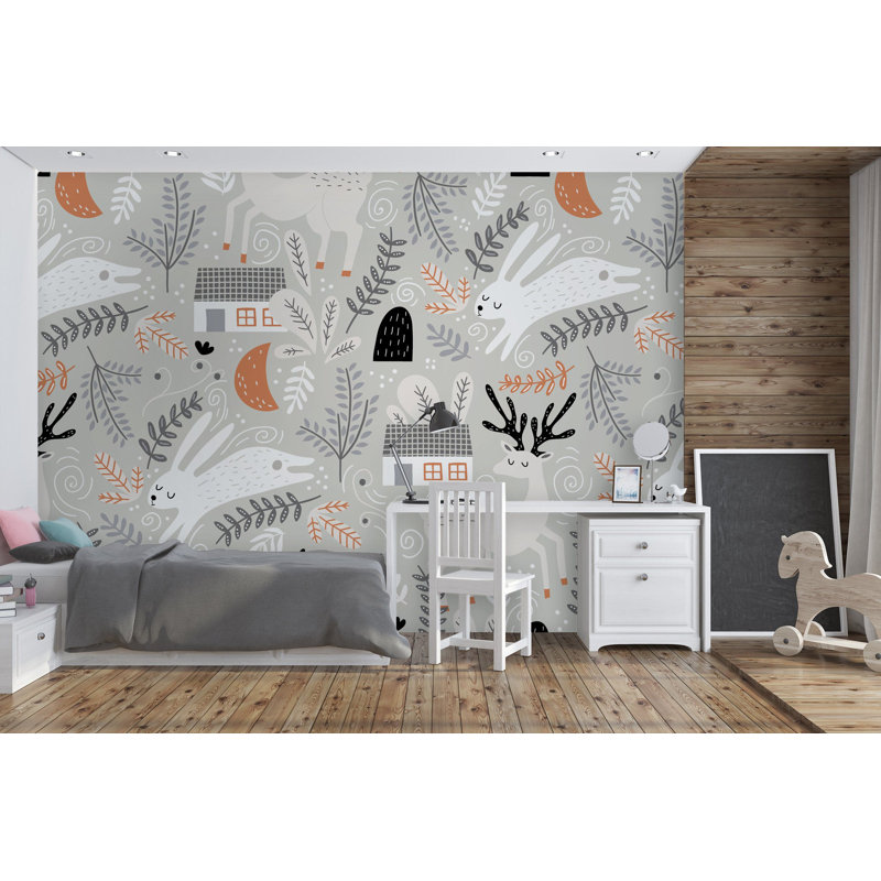 Papier peint amovible pour enfants, lapin et feuilles, L 9 po x l 15 po