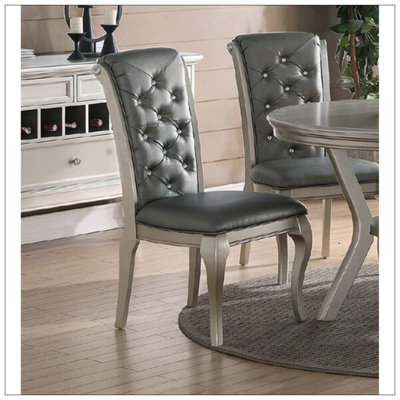 Dining Table Rectangle Glass Inert Top Silver Hue 7Pc Dining Table 6X Side Chairs Tufted Back Dining Room Furniture
