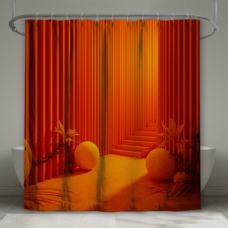 Rideaux de douche orange à motif géométrique en escalier très longs, L 70 po x H 84 po