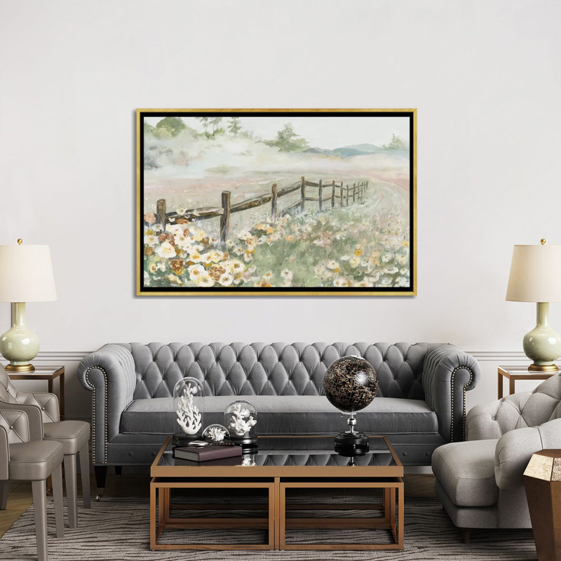 « Clôture avec fleurs » par Patricia Pinto, reproduction d’art, H 60 po x l 40po x P 1,5 po, Toile encadrée d'or