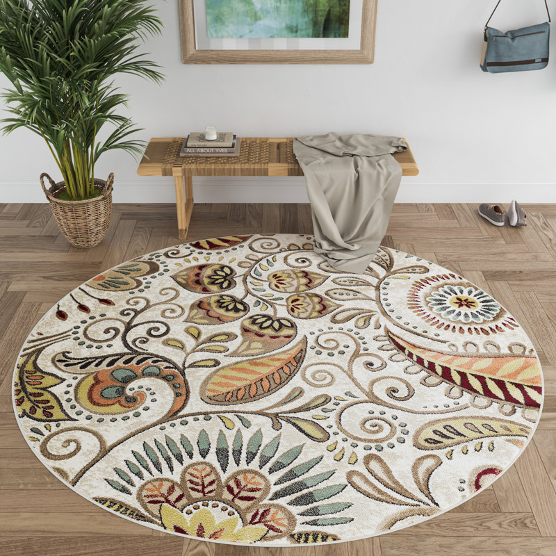 Tapis ivoire / moka / vin à motif floral Kasturi, Rond 5 pi 3 po