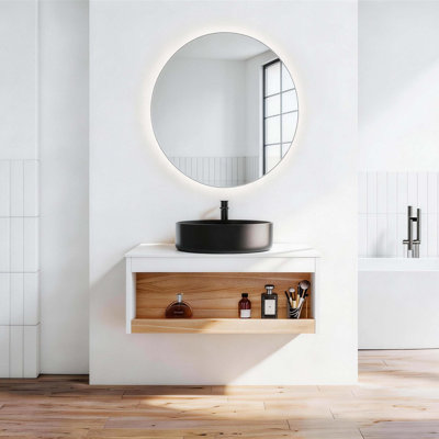 Meuble-lavabo flottant peu encombrant avec lavabo vasque noir mat et rangement ouvert
