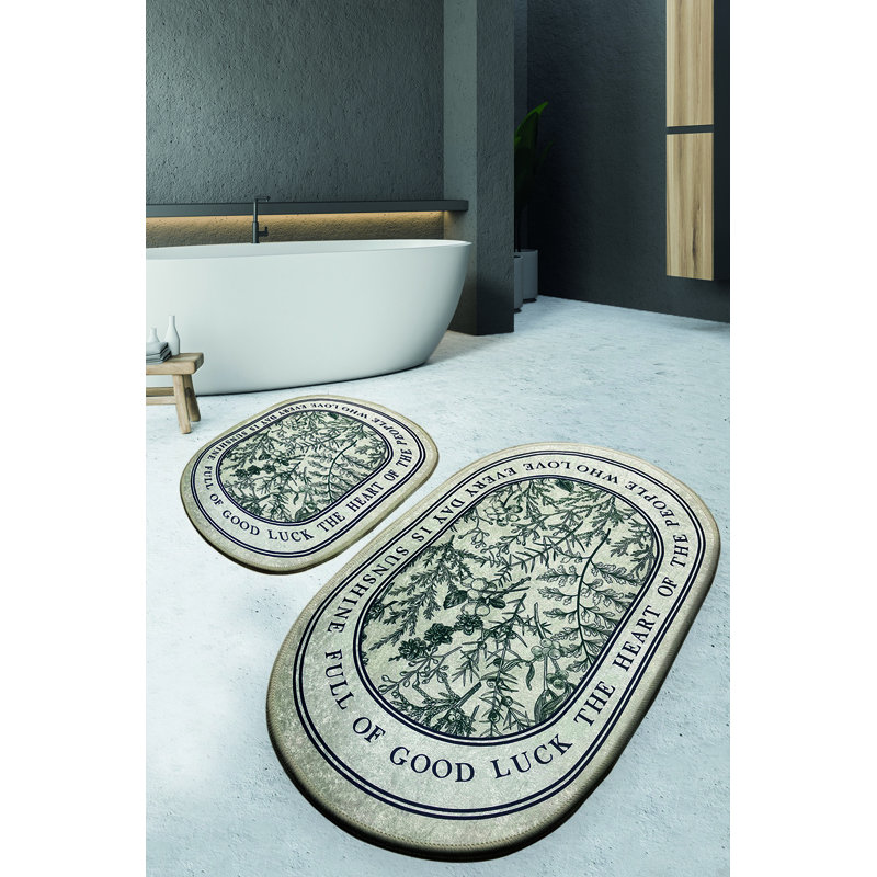Luxurious Bathmat Set (2 Pieces), Beige & Green, 23.6 x 39.4 inches & 19.7 x 23.6 inches | 100% Polyester, 0.4 in Pile Height | Antibacterial, Non-Slip Underside | Machine Washable, Perfect for Bathrooms